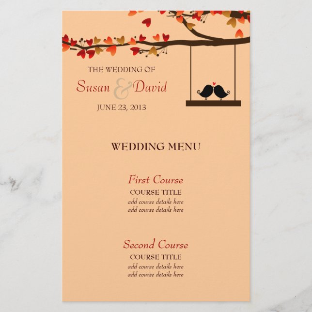 Love Birds Falling Hearts Oak Tree Wedding Menu (Front)