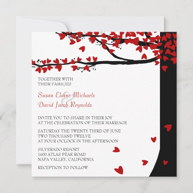 Love Birds Falling Hearts Red Black Oak Tree Invitation (Front)