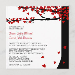 Love Birds Falling Hearts Red Black Oak Tree Invitation