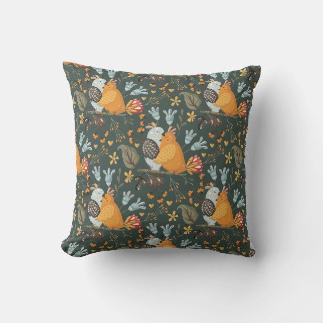 Love Birds Floral Bohemian Pattern Throw Pillow (Front)