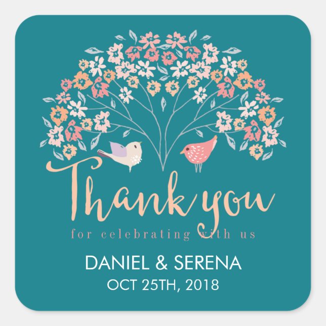 Love Birds Flower Tree Thank You Wedding Sticker (Front)