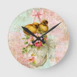 love birds Flower Vintage Easter Card art Round Clock