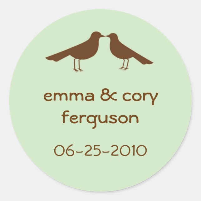 Love birds green wedding favour name tag label (Front)