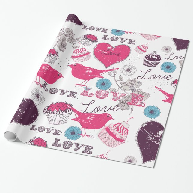 Love Birds hearss & Cupcakes Valentines Pattern Wrapping Paper (Unrolled)