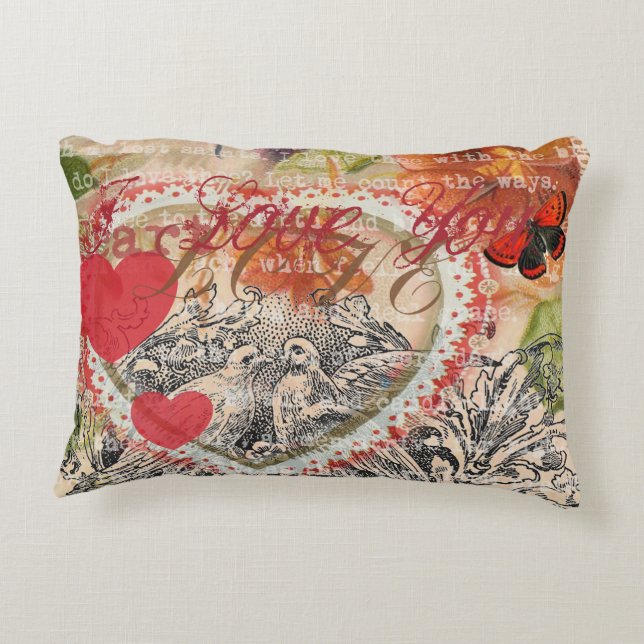 Love Birds Heart Red Art Collage Accent Pillow (Back)
