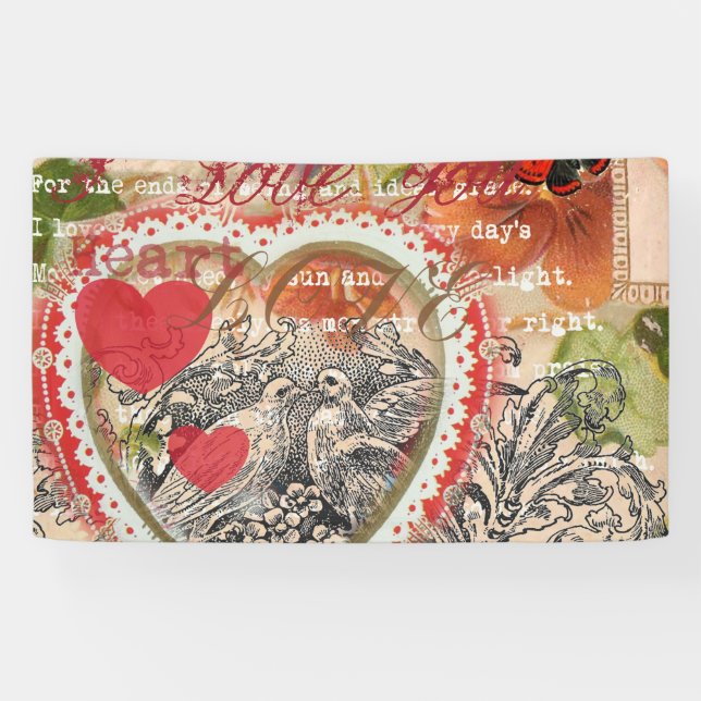 Love Birds Heart Red Art Collage Banner (Horizontal)