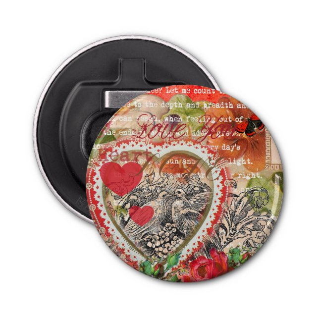 Love Birds Heart Red Art Collage Bottle Opener (Front)