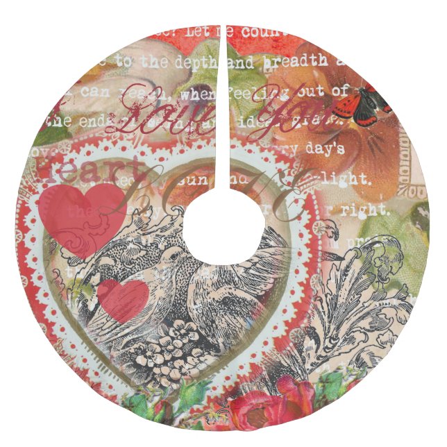 Love Birds Heart Red Art Collage Brushed Polyester Tree Skirt (Front)