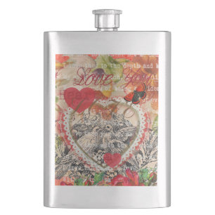 Love Birds Heart Red Art Collage Hip Flask