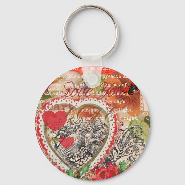 Love Birds Heart Red Art Collage Keychain (Front)
