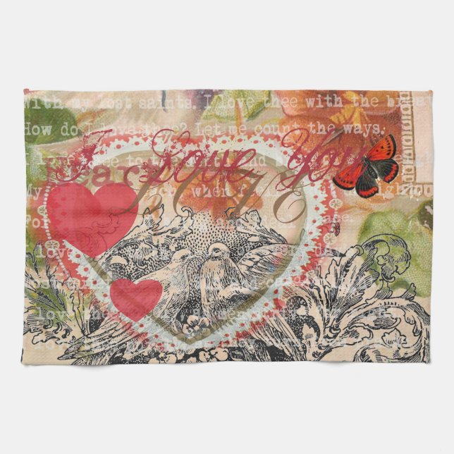 Love Birds Heart Red Art Collage Kitchen Towel (Horizontal)