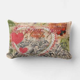 Love Birds Heart Red Art Collage Lumbar Pillow