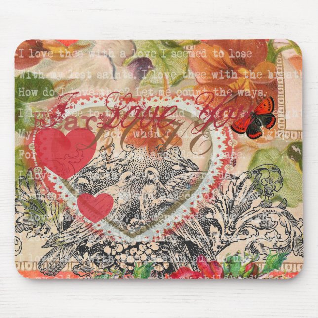 Love Birds Heart Red Art Collage Mouse Pad (Front)