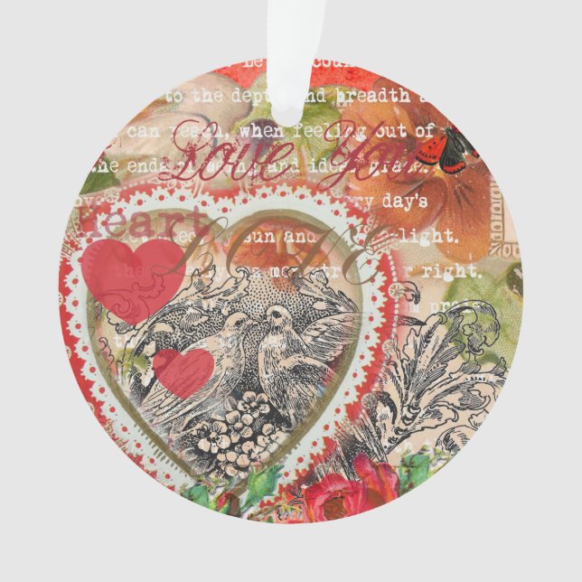 Love Birds Heart Red Art Collage Ornament (Front)