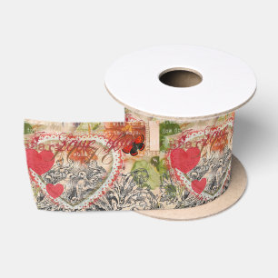 Love Birds Heart Red Art Collage Satin Ribbon