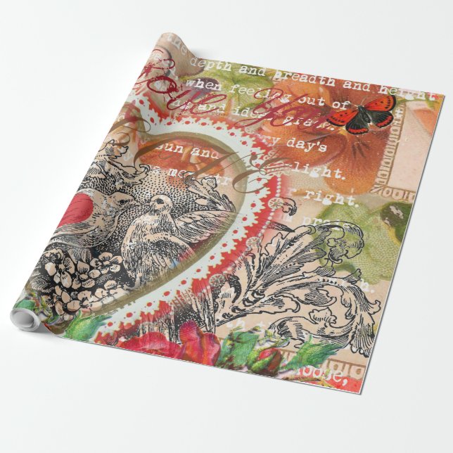 Love Birds Heart Red Art Collage Wrapping Paper (Unrolled)