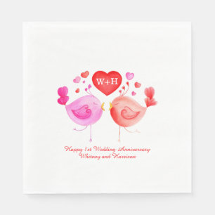 Love birds heart red pink 1st Anniversary napkins