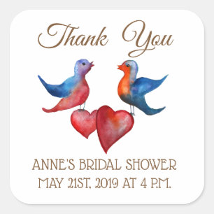 Love Birds , Hearts Bridal  Shower Square Stickers