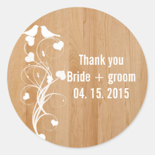 Love birds hearts swirls brown wood wedding invite classic round sticker