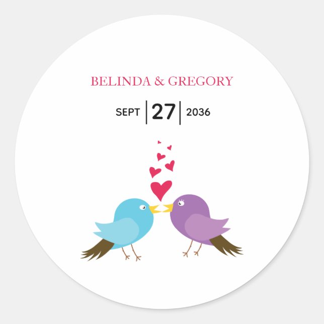 Love Birds & Hearts Wedding Classic Round Sticker (Front)