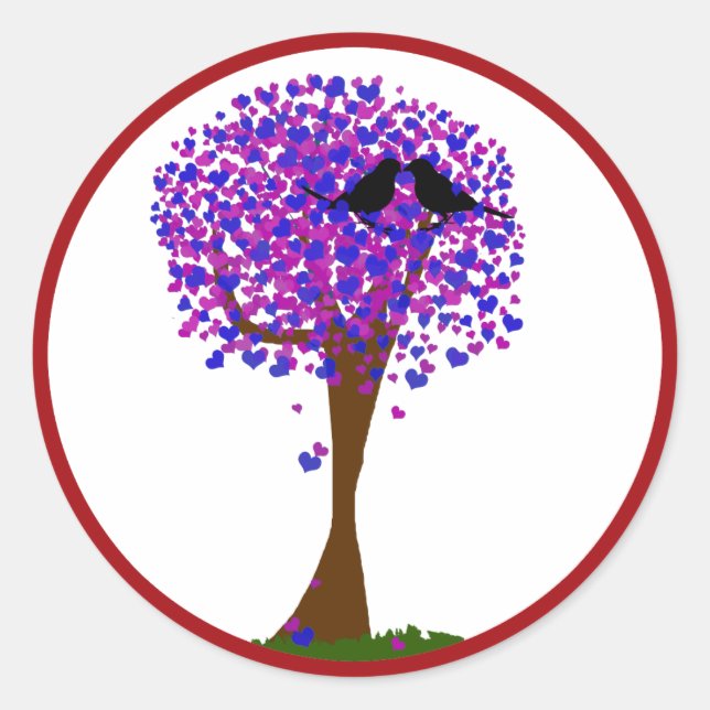 Love Birds in a Tree of Hearts - Winter Love Classic Round Sticker (Front)