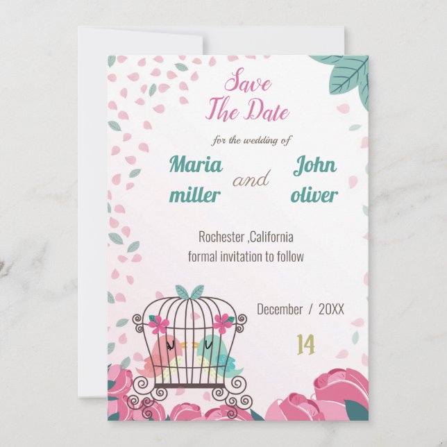 love birds in cage floral save the date card (Front)