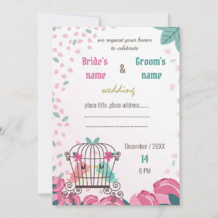love birds in cage floral wedding invitation card