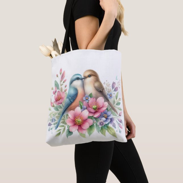 Love Birds in Spring Flowers Tote Bag (Close Up)