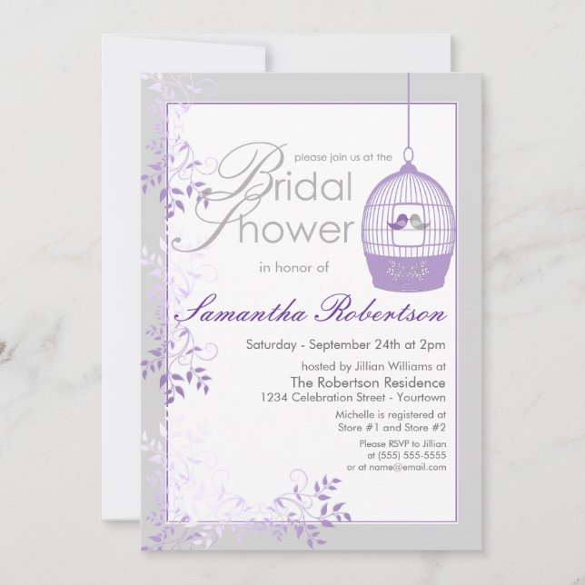 Love Birds Lilac Bridal Shower Invitations (Front)
