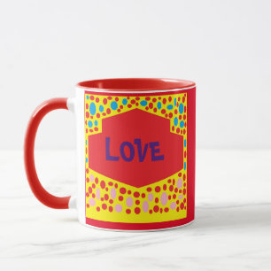 Love birds logo on red and yellow dots design mug