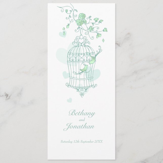 Love birds mint green spring wedding program (Front)