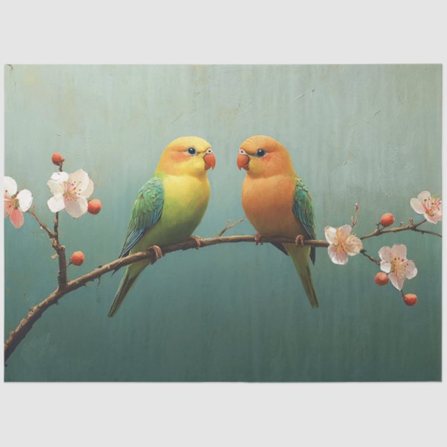Love Birds on a Pink Flowering Branch Decoupage Tissue Paper (Front)