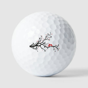 Love Birds on Branch – Romantic Red Heart Tree Art Golf Balls