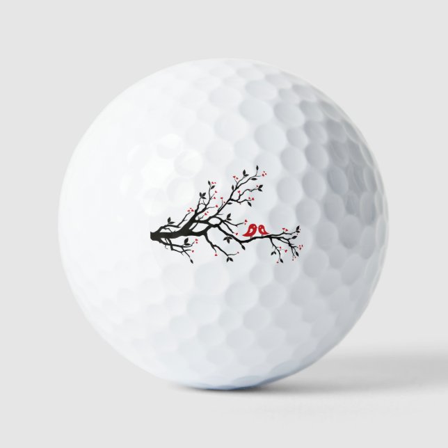 Love Birds on Branch – Romantic Red Heart Tree Art Golf Balls (Front)