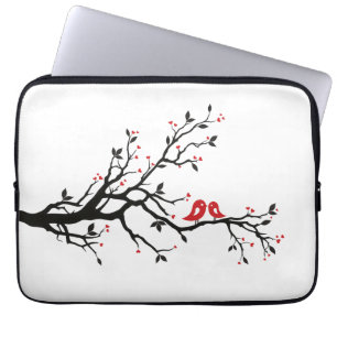 Love Birds on Branch – Romantic Red Heart Tree Art Laptop Sleeve