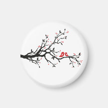 Love Birds on Branch – Romantic Red Heart Tree Art