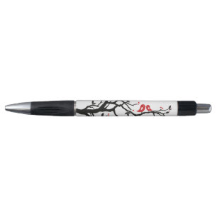Love Birds on Branch – Romantic Red Heart Tree Art Pen