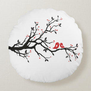 Love Birds on Branch – Romantic Red Heart Tree Art Round Pillow