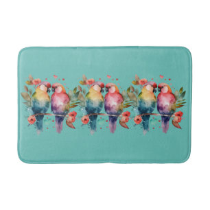 Love Birds on branch surrounded by hearts. Bath Mat