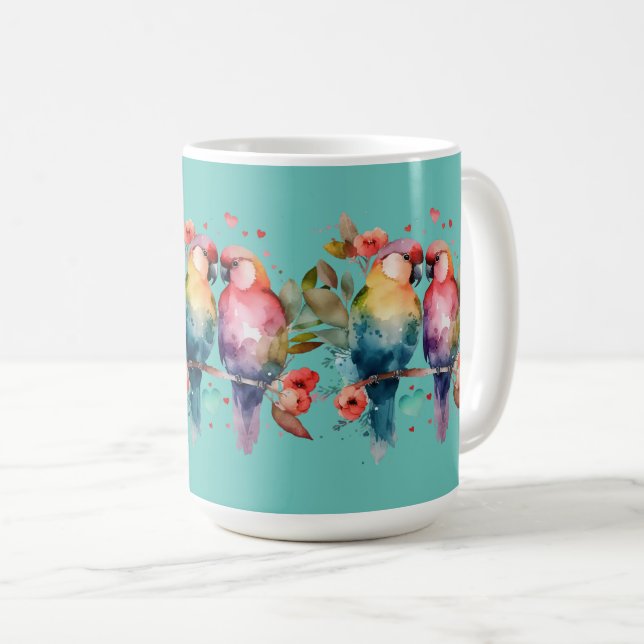 Love Birds on branch surrounded by hearts. Coffee Mug (Front Right)