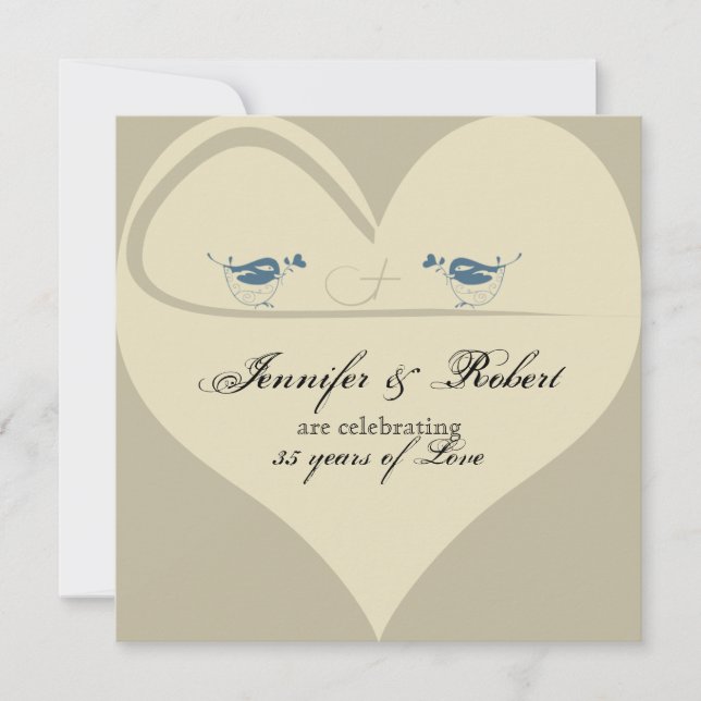 Love Birds on Ecru Heart Wedding Anniversary Invitation (Front)