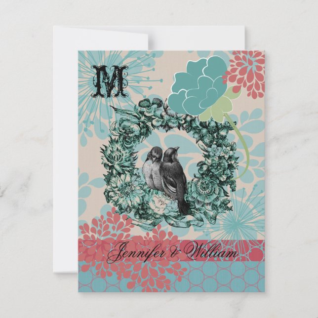 Love Birds on Floral Wreath Wedding RSVP Card (Front)