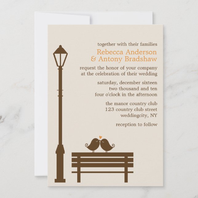 Love Birds on Park Bench Wedding Invitation (Front)