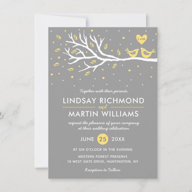 Love Birds on Tree Wedding Invitation  Yellow Grey (Front)