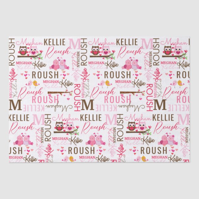 Love Birds Owls with Name and Monogram Collage Tissue Paper (Front)
