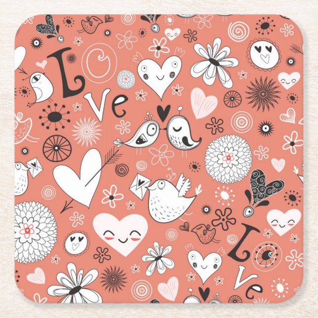 Love Birds Pattern Square Paper Coaster (Front)