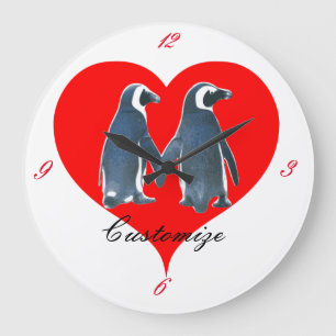 Love Birds Penguin Couple Red Heart Thunder_Cove Large Clock