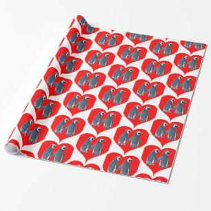 Love Birds Penguin Couple Red Hearts Thunder_Cove Wrapping Paper
