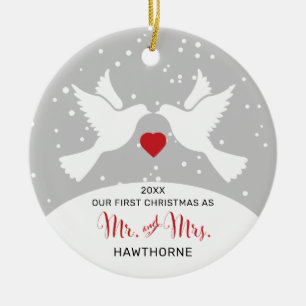Love Birds Personalized Mr and Mrs 1st Christmas Ceramic Ornament