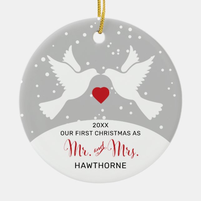 Love Birds Personalized Mr and Mrs 1st Christmas Ceramic Ornament (Front)